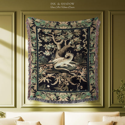 Ethereal Dragon Art Tapestry Throw Enchanted Decor Fantasy Forest Whimsical Woodland Gothic Decor | Fairytale Whimsy Art Deco Dragon Blanket