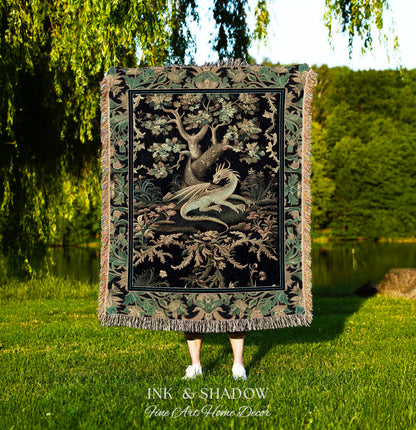Ethereal Dragon Art Tapestry Throw Enchanted Decor Fantasy Forest Whimsical Woodland Gothic Decor | Fairytale Whimsy Art Deco Dragon Blanket