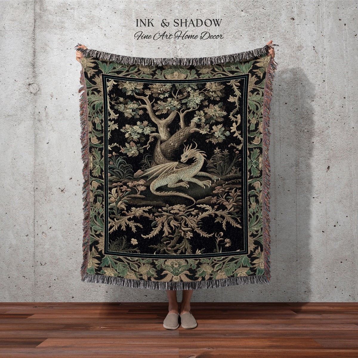 Ethereal Dragon Art Tapestry Throw Enchanted Decor Fantasy Forest Whimsical Woodland Gothic Decor | Fairytale Whimsy Art Deco Dragon Blanket