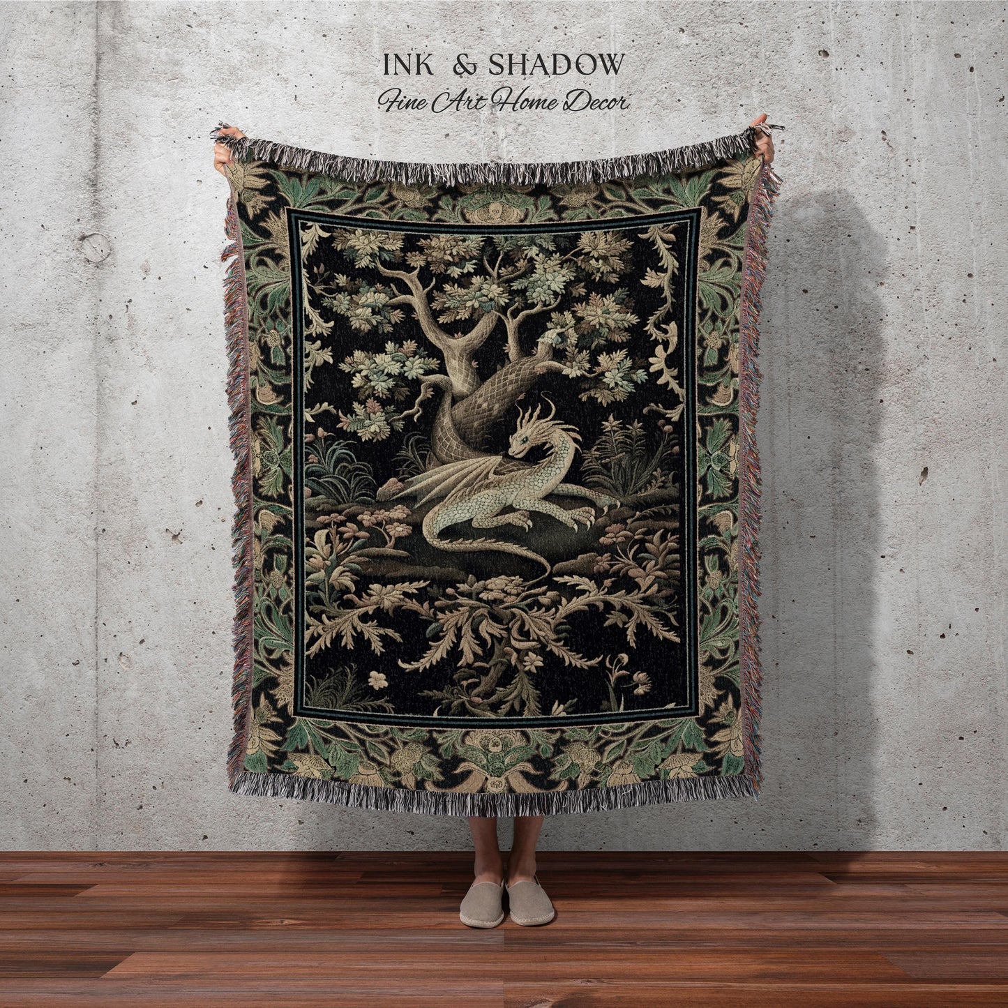 Ethereal Dragon Art Tapestry Throw Enchanted Decor Fantasy Forest Whimsical Woodland Gothic Decor | Fairytale Whimsy Art Deco Dragon Blanket