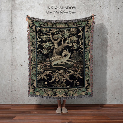 Ethereal Dragon Art Tapestry Throw Enchanted Decor Fantasy Forest Whimsical Woodland Gothic Decor | Fairytale Whimsy Art Deco Dragon Blanket