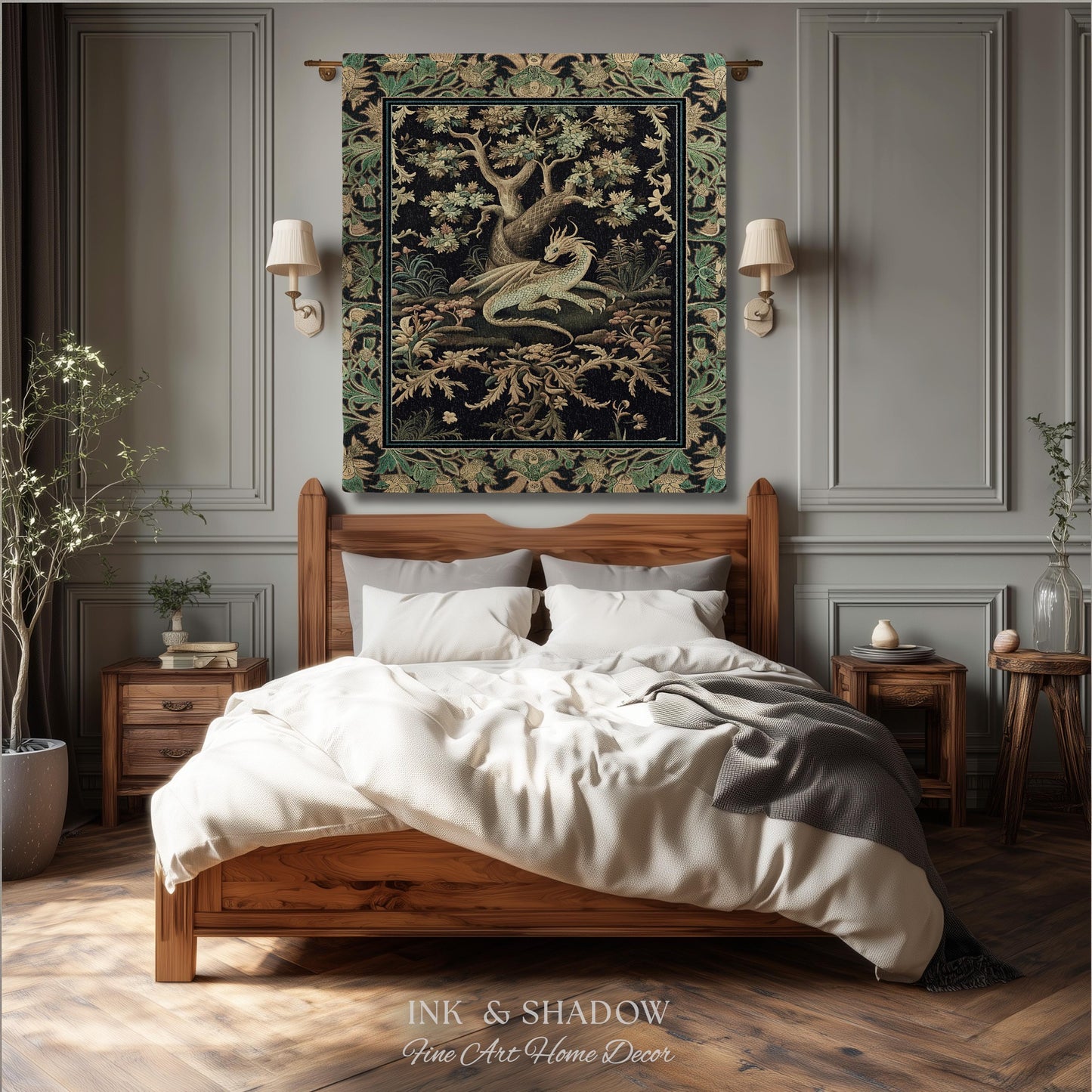 Ethereal Dragon Art Tapestry Throw Enchanted Decor Fantasy Forest Whimsical Woodland Gothic Decor | Fairytale Whimsy Art Deco Dragon Blanket