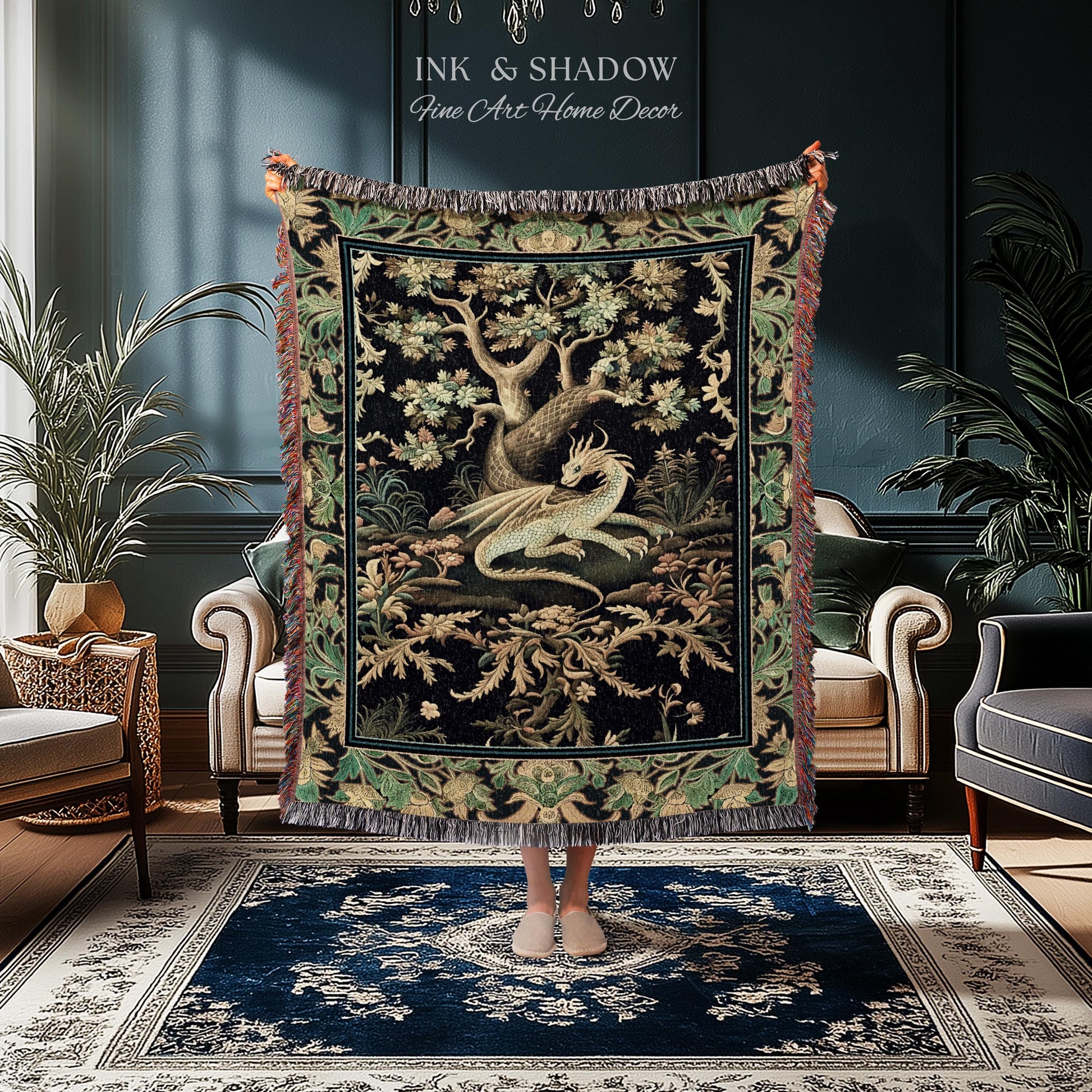 Ethereal Dragon Art Tapestry Throw Enchanted Decor Fantasy Forest Whimsical Woodland Gothic Decor | Fairytale Whimsy Art Deco Dragon Blanket