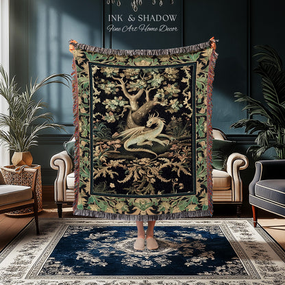 Ethereal Dragon Art Tapestry Throw Enchanted Decor Fantasy Forest Whimsical Woodland Gothic Decor | Fairytale Whimsy Art Deco Dragon Blanket