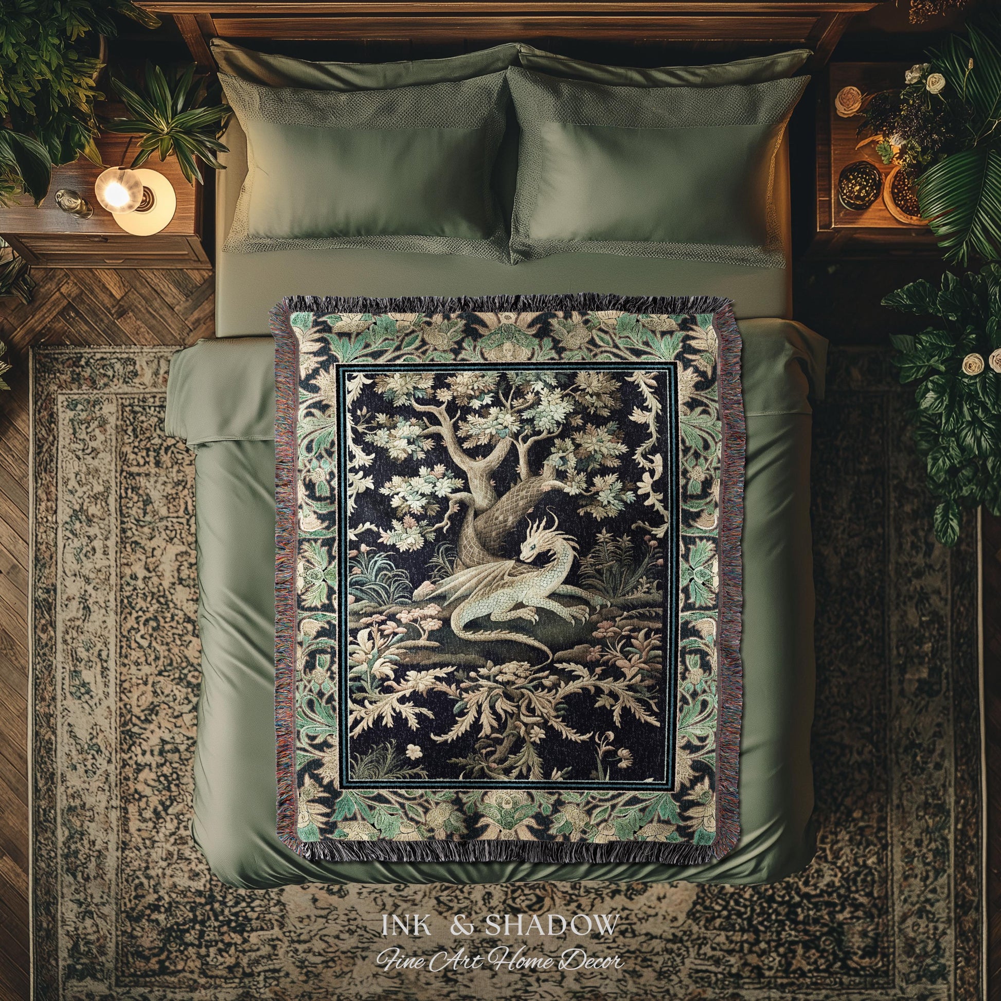 Ethereal Dragon Art Tapestry Throw Enchanted Decor Fantasy Forest Whimsical Woodland Gothic Decor | Fairytale Whimsy Art Deco Dragon Blanket