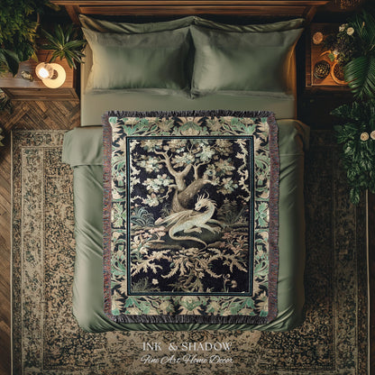 Ethereal Dragon Art Tapestry Throw Enchanted Decor Fantasy Forest Whimsical Woodland Gothic Decor | Fairytale Whimsy Art Deco Dragon Blanket