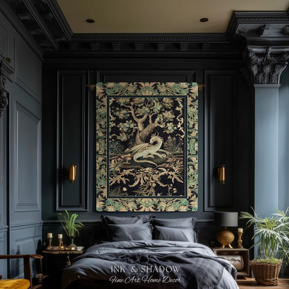 Ethereal Dragon Art Tapestry Throw Enchanted Decor Fantasy Forest Whimsical Woodland Gothic Decor | Fairytale Whimsy Art Deco Dragon Blanket