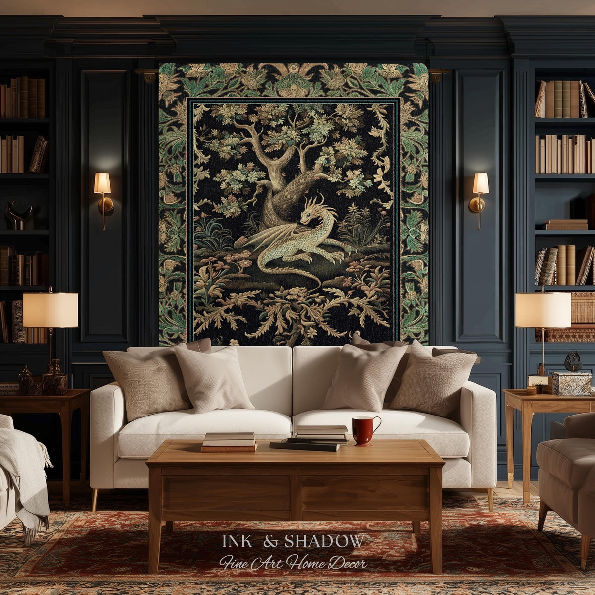 Ethereal Dragon Art Tapestry Throw Enchanted Decor Fantasy Forest Whimsical Woodland Gothic Decor | Fairytale Whimsy Art Deco Dragon Blanket