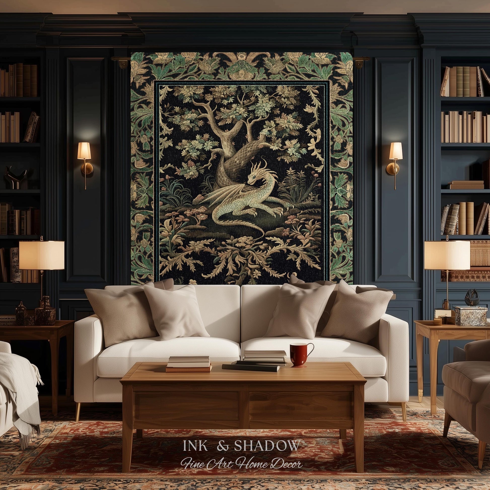 Ethereal Dragon Art Tapestry Throw Enchanted Decor Fantasy Forest Whimsical Woodland Gothic Decor | Fairytale Whimsy Art Deco Dragon Blanket