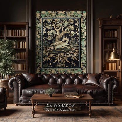 Ethereal Dragon Art Tapestry Throw Enchanted Decor Fantasy Forest Whimsical Woodland Gothic Decor | Fairytale Whimsy Art Deco Dragon Blanket