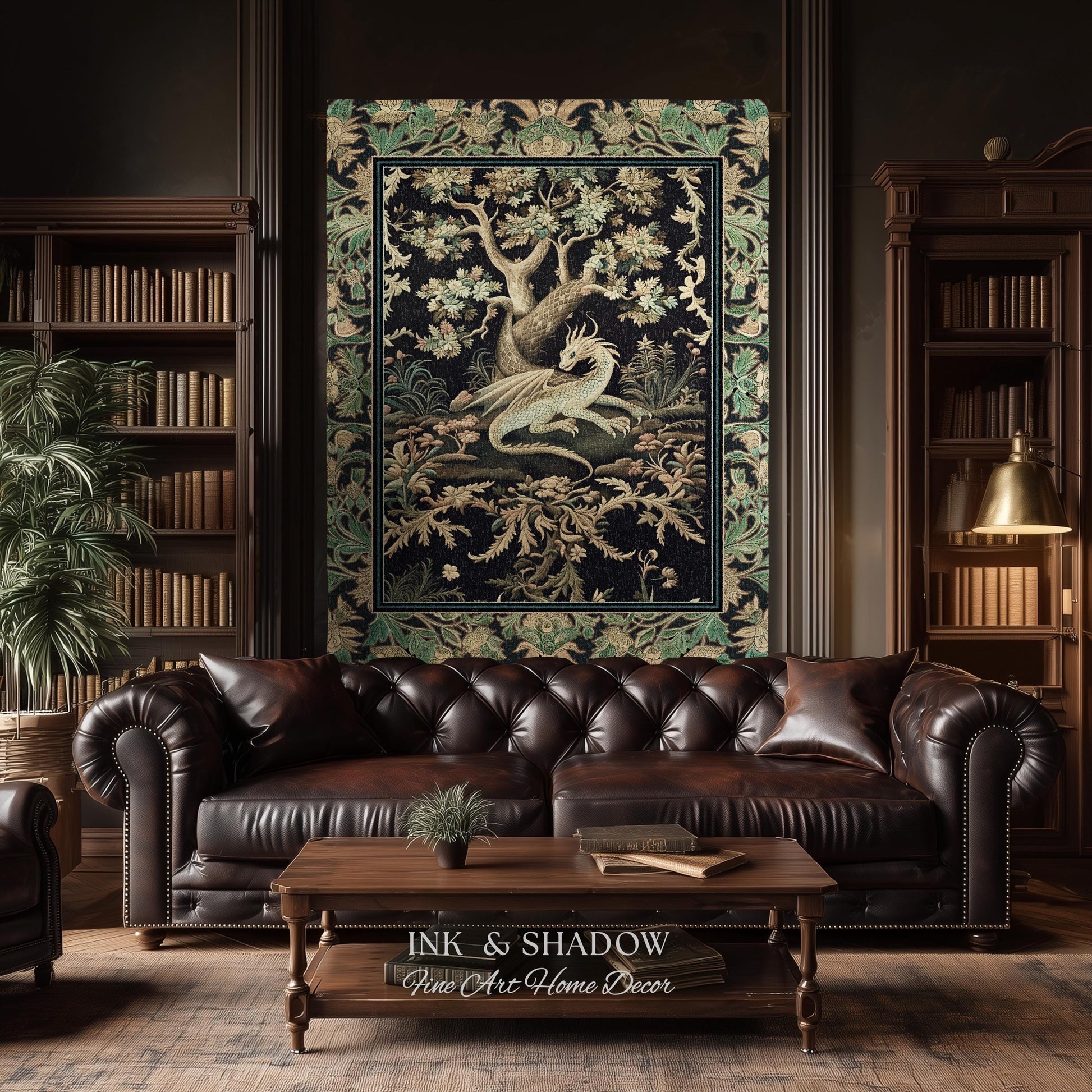 Ethereal Dragon Art Tapestry Throw Enchanted Decor Fantasy Forest Whimsical Woodland Gothic Decor | Fairytale Whimsy Art Deco Dragon Blanket