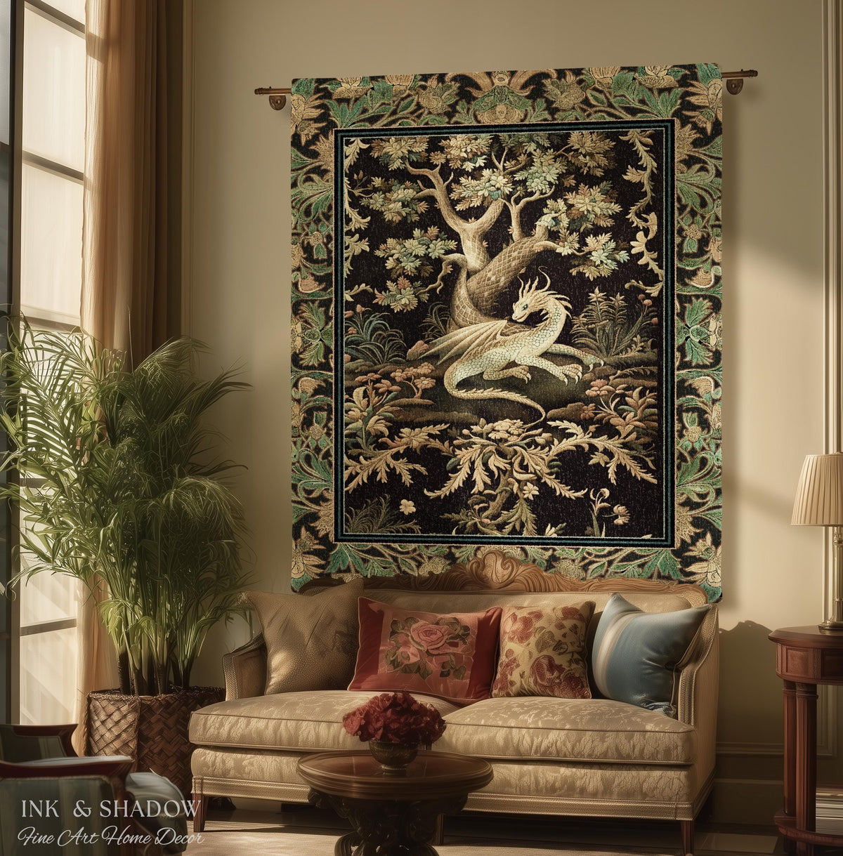 Ethereal Dragon Art Tapestry Throw Enchanted Decor Fantasy Forest Whimsical Woodland Gothic Decor | Fairytale Whimsy Art Deco Dragon Blanket
