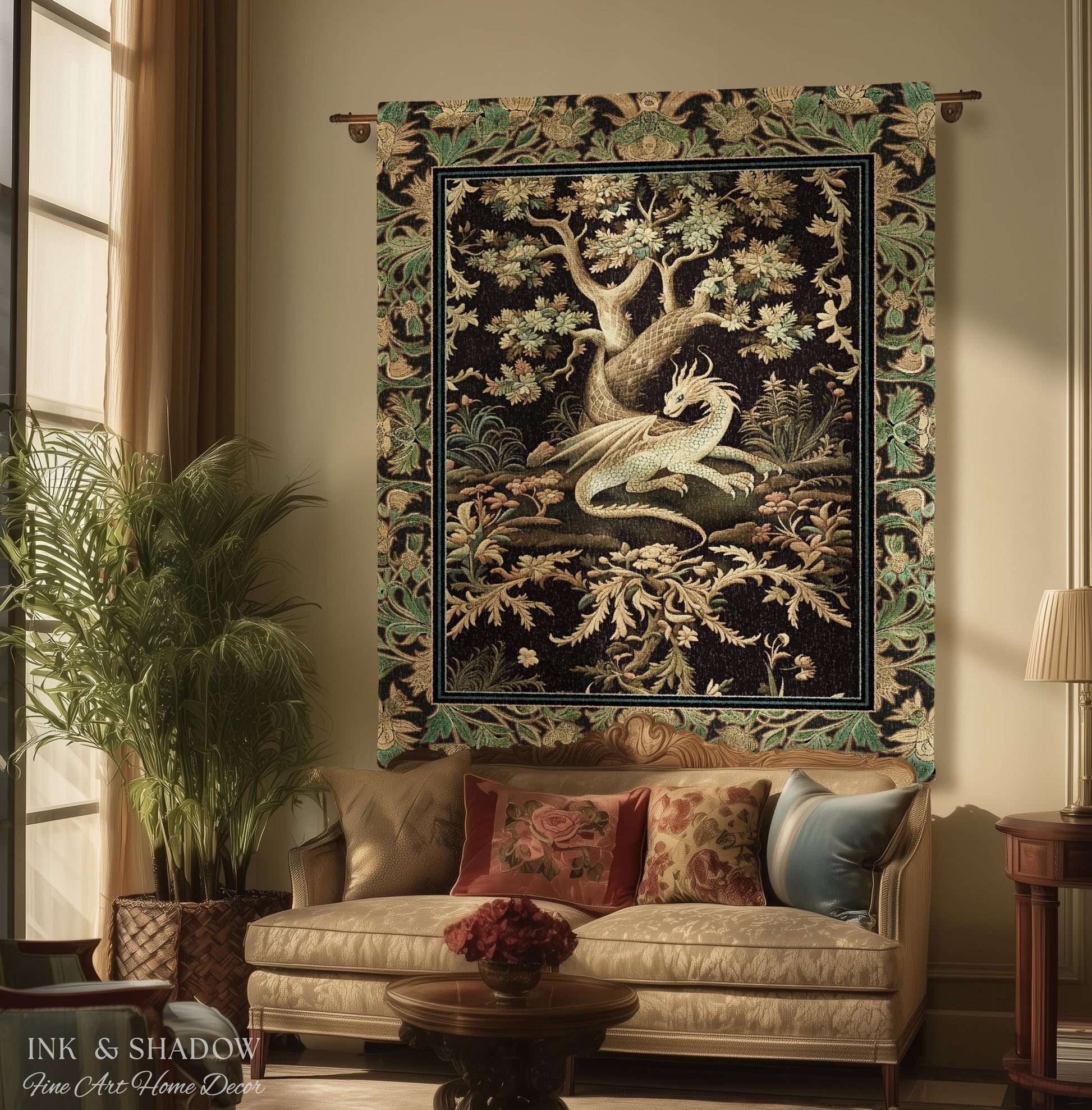 Ethereal Dragon Art Tapestry Throw Enchanted Decor Fantasy Forest Whimsical Woodland Gothic Decor | Fairytale Whimsy Art Deco Dragon Blanket