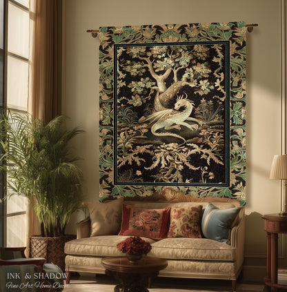 Ethereal Dragon Art Tapestry Throw Enchanted Decor Fantasy Forest Whimsical Woodland Gothic Decor | Fairytale Whimsy Art Deco Dragon Blanket