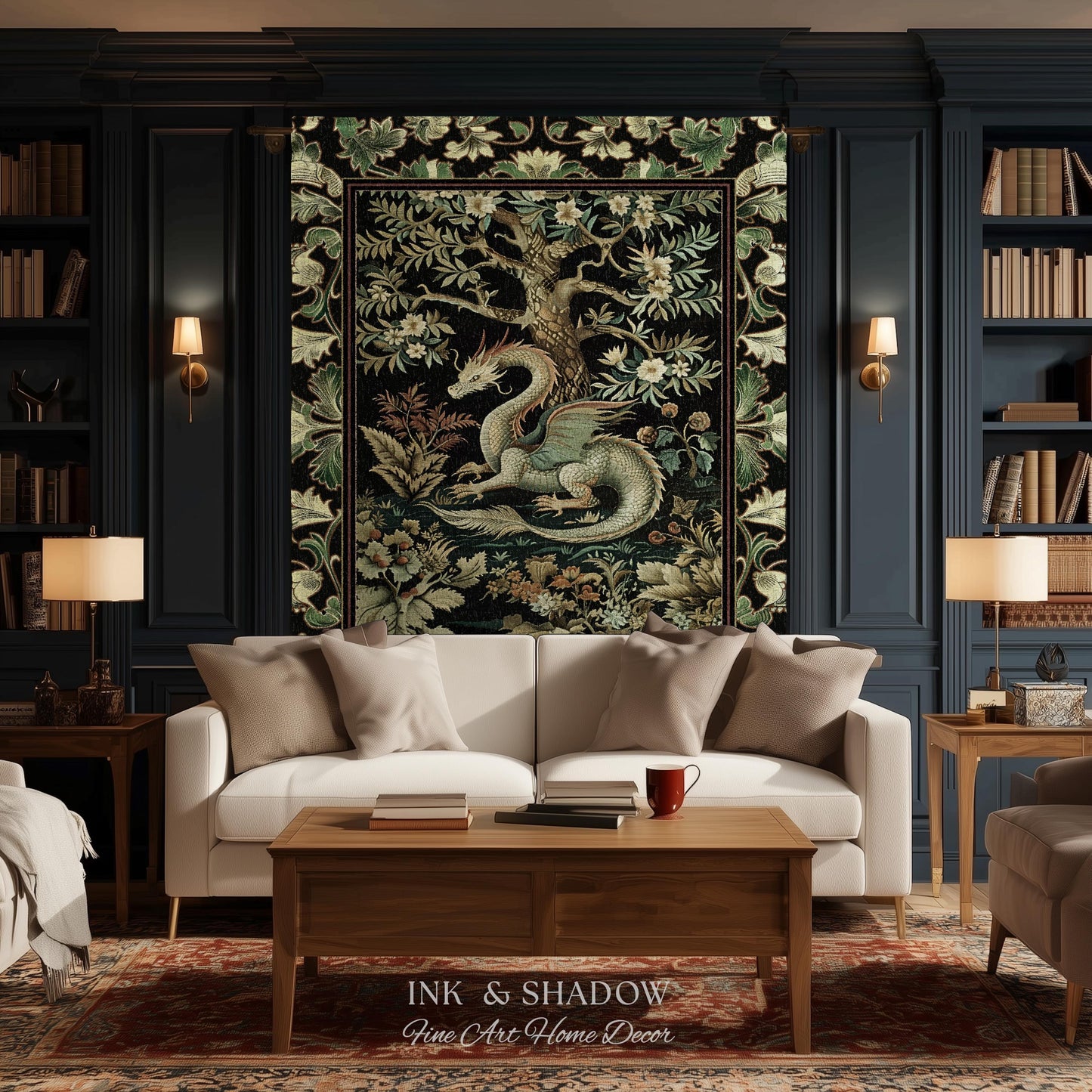 Mystical Fantasy Dragon Rug Runner Enchanting Dark Nature | Ancient Aesthetic Chinese Dragon Art Decor Ethereal Dragon Decoration Forestcore