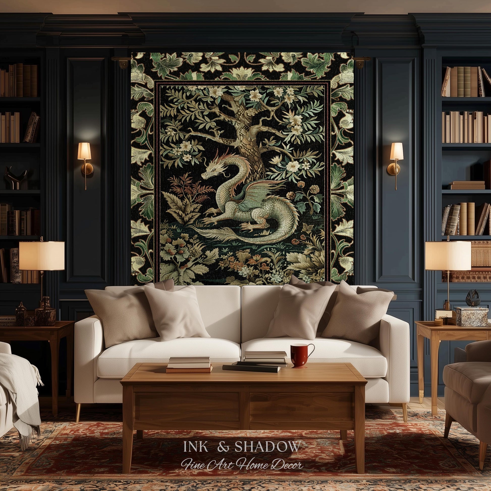 Mystical Fantasy Dragon Rug Runner Enchanting Dark Nature | Ancient Aesthetic Chinese Dragon Art Decor Ethereal Dragon Decoration Forestcore