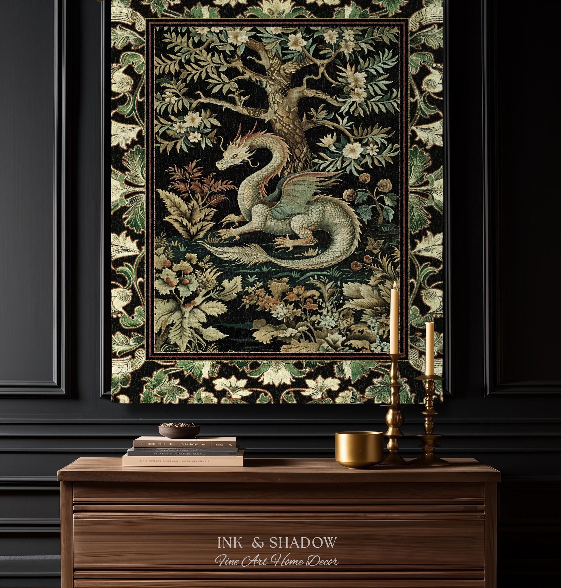 Mystical Fantasy Dragon Rug Runner Enchanting Dark Nature | Ancient Aesthetic Chinese Dragon Art Decor Ethereal Dragon Decoration Forestcore