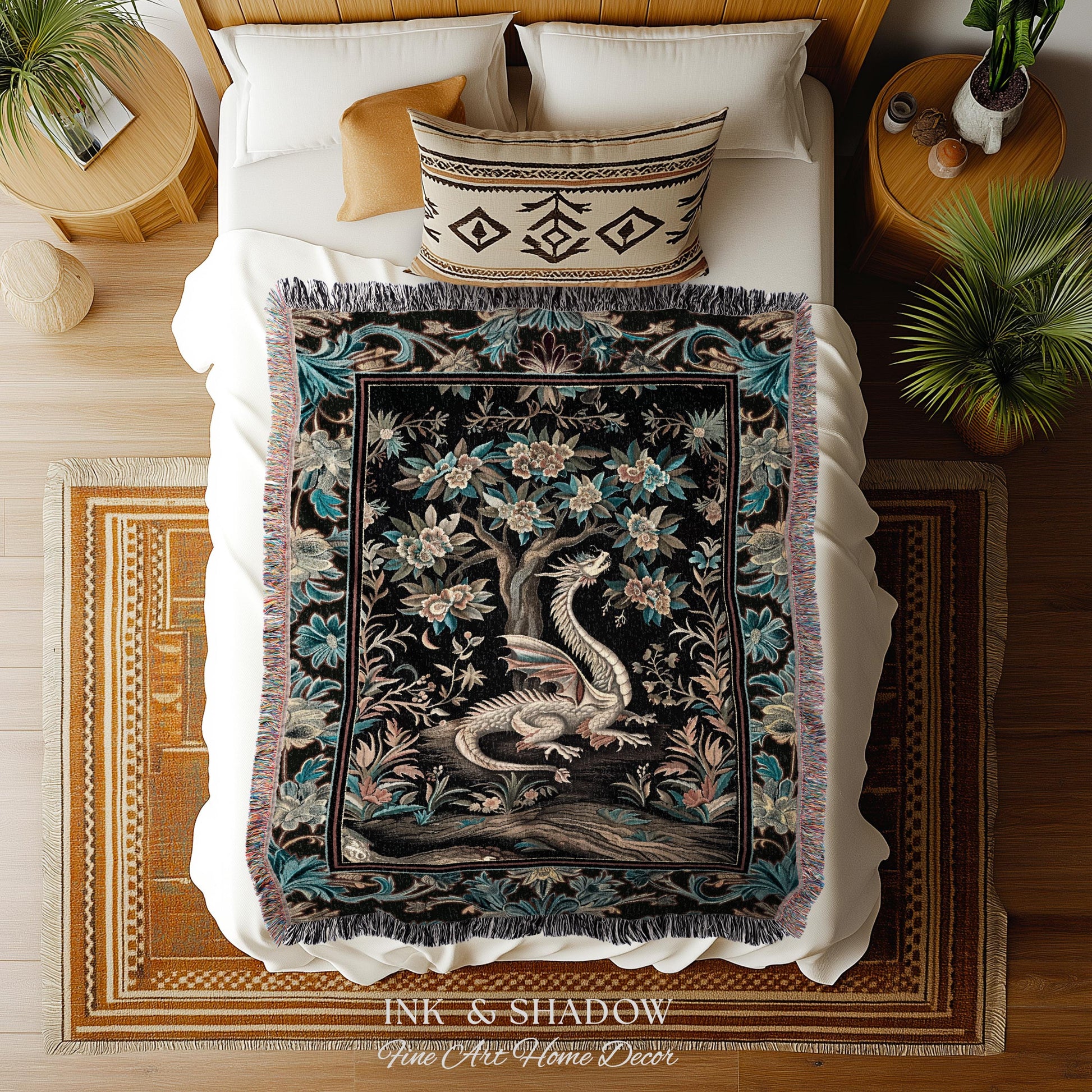Dark Nature Enchanting Dragon Art Tapestry Blanket Mystical Fantasy Dragon Exotic Home Decor | Ethereal Woodland Magical Creature Goblincore