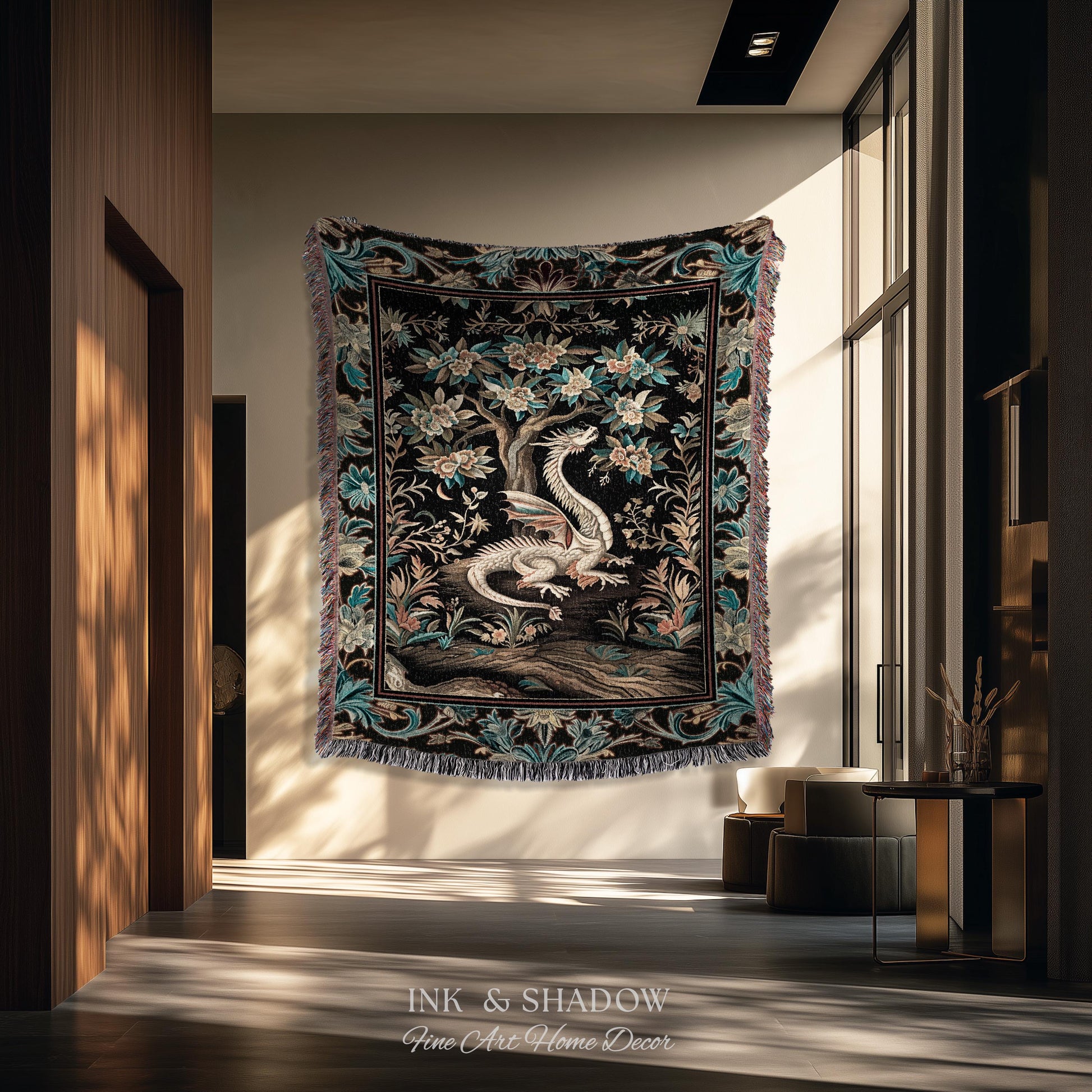 Dark Nature Enchanting Dragon Art Tapestry Blanket Mystical Fantasy Dragon Exotic Home Decor | Ethereal Woodland Magical Creature Goblincore