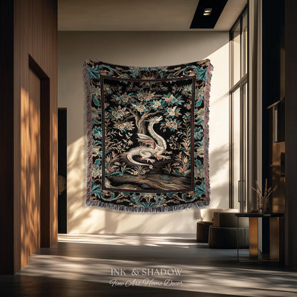 Dark Nature Enchanting Dragon Art Tapestry Blanket Mystical Fantasy Dragon Exotic Home Decor | Ethereal Woodland Magical Creature Goblincore