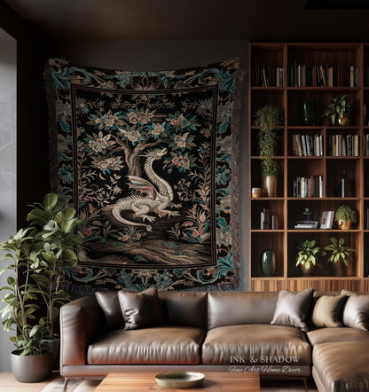 Dark Nature Enchanting Dragon Art Tapestry Blanket Mystical Fantasy Dragon Exotic Home Decor | Ethereal Woodland Magical Creature Goblincore