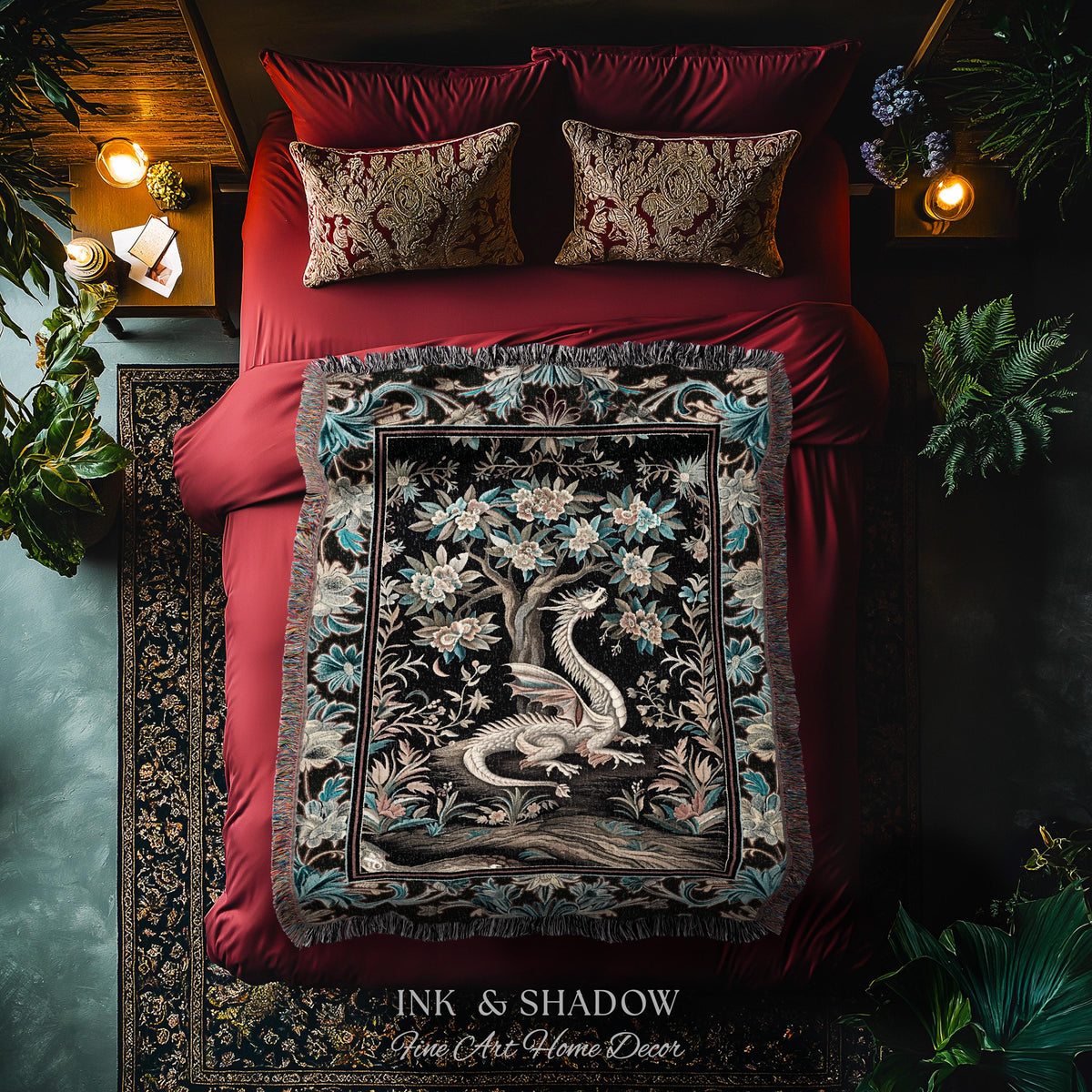 Dark Nature Enchanting Dragon Art Tapestry Blanket Mystical Fantasy Dragon Exotic Home Decor | Ethereal Woodland Magical Creature Goblincore