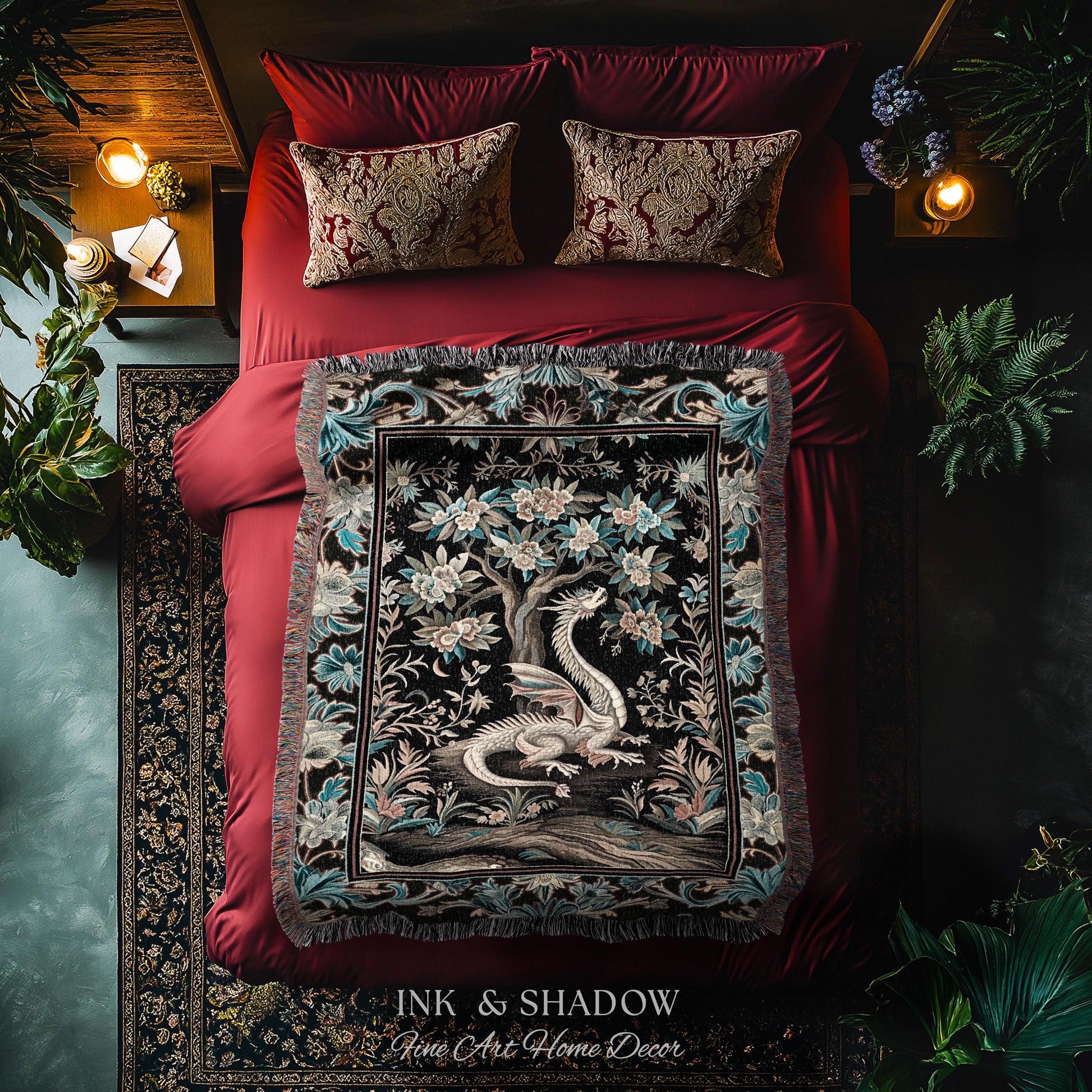 Dark Nature Enchanting Dragon Art Tapestry Blanket Mystical Fantasy Dragon Exotic Home Decor | Ethereal Woodland Magical Creature Goblincore