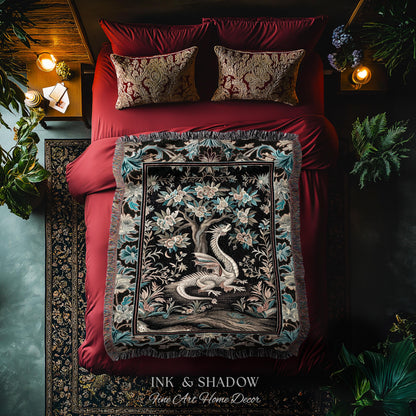 Dark Nature Enchanting Dragon Art Tapestry Blanket Mystical Fantasy Dragon Exotic Home Decor | Ethereal Woodland Magical Creature Goblincore