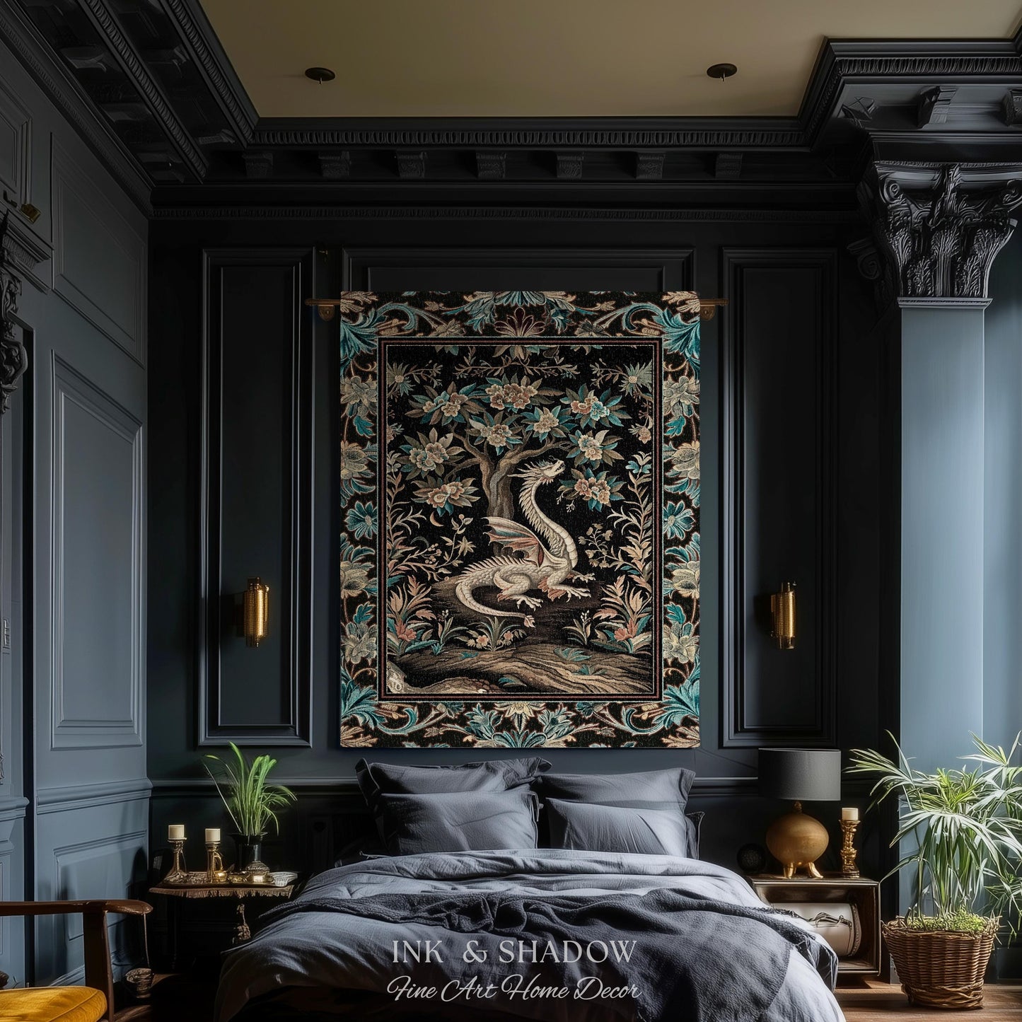 Dark Nature Enchanting Dragon Art Tapestry Blanket Mystical Fantasy Dragon Exotic Home Decor | Ethereal Woodland Magical Creature Goblincore