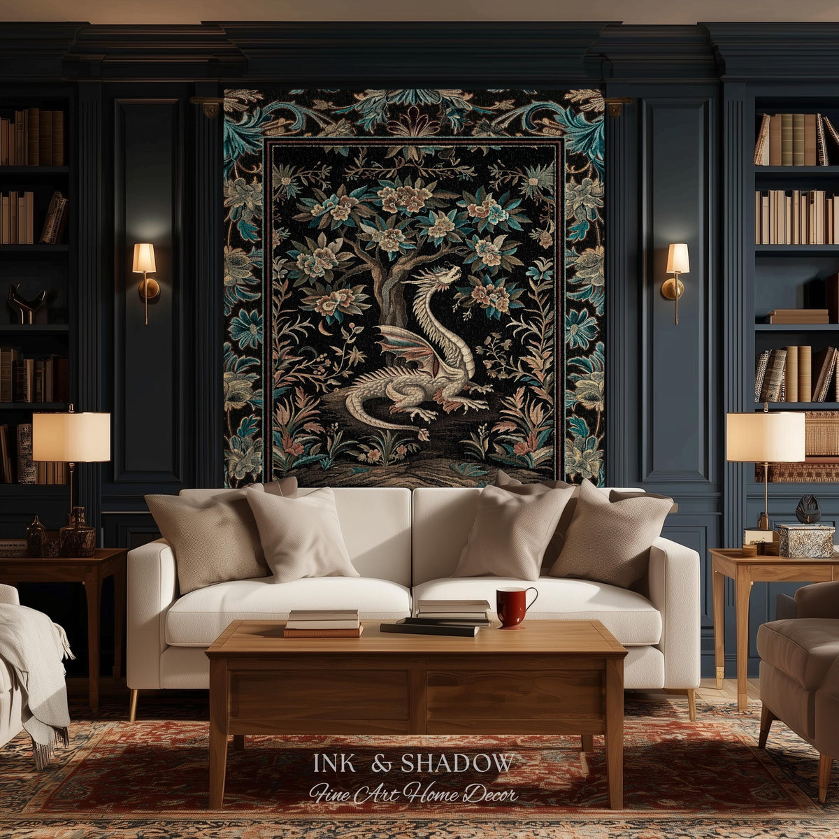 Dark Nature Enchanting Dragon Art Tapestry Blanket Mystical Fantasy Dragon Exotic Home Decor | Ethereal Woodland Magical Creature Goblincore