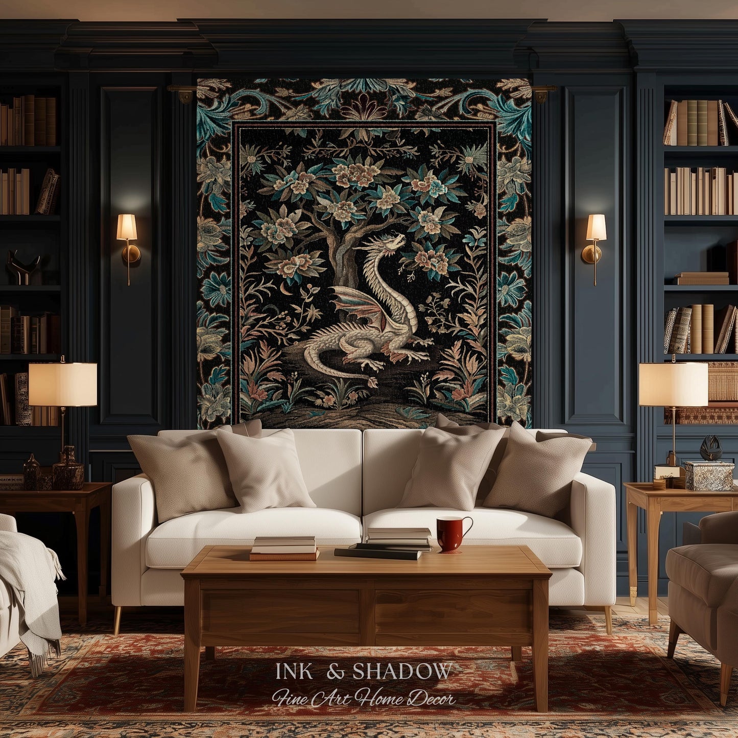Dark Nature Enchanting Dragon Art Tapestry Blanket Mystical Fantasy Dragon Exotic Home Decor | Ethereal Woodland Magical Creature Goblincore