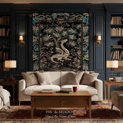 Dark Nature Enchanting Dragon Art Tapestry Blanket Mystical Fantasy Dragon Exotic Home Decor | Ethereal Woodland Magical Creature Goblincore