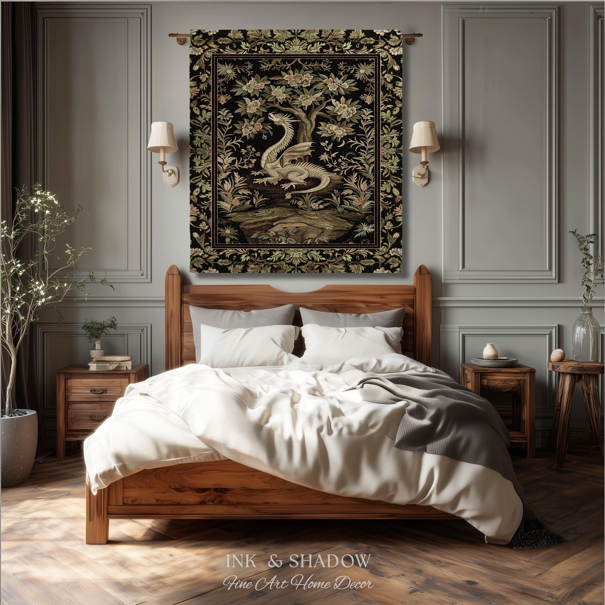 Woodland Gothic White Dragon Blanket Enchanted Forest Tapestry Throw | Mystical Dark Academia Whimsical Fantasy Forestcore Art Deco Decor