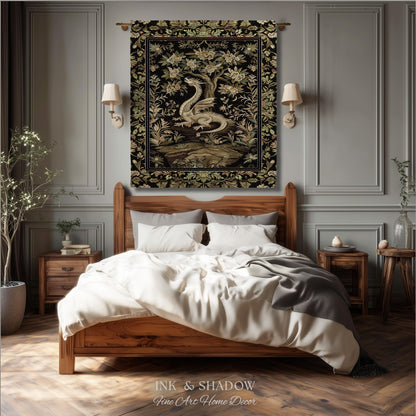 Woodland Gothic White Dragon Blanket Enchanted Forest Tapestry Throw | Mystical Dark Academia Whimsical Fantasy Forestcore Art Deco Decor