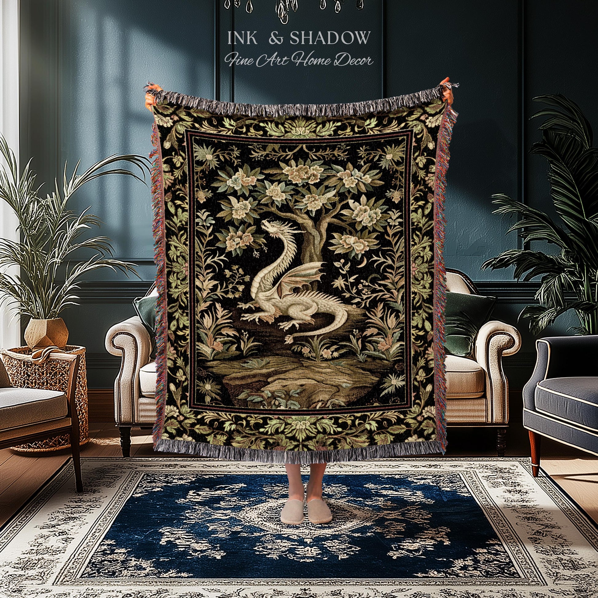 Woodland Gothic White Dragon Blanket Enchanted Forest Tapestry Throw | Mystical Dark Academia Whimsical Fantasy Forestcore Art Deco Decor