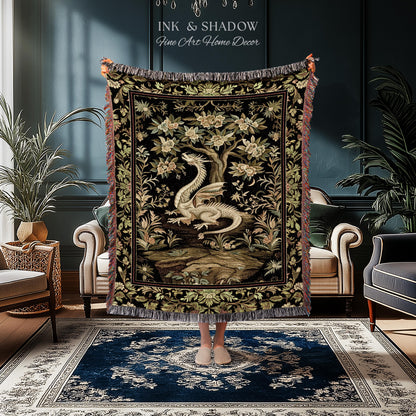 Woodland Gothic White Dragon Blanket Enchanted Forest Tapestry Throw | Mystical Dark Academia Whimsical Fantasy Forestcore Art Deco Decor