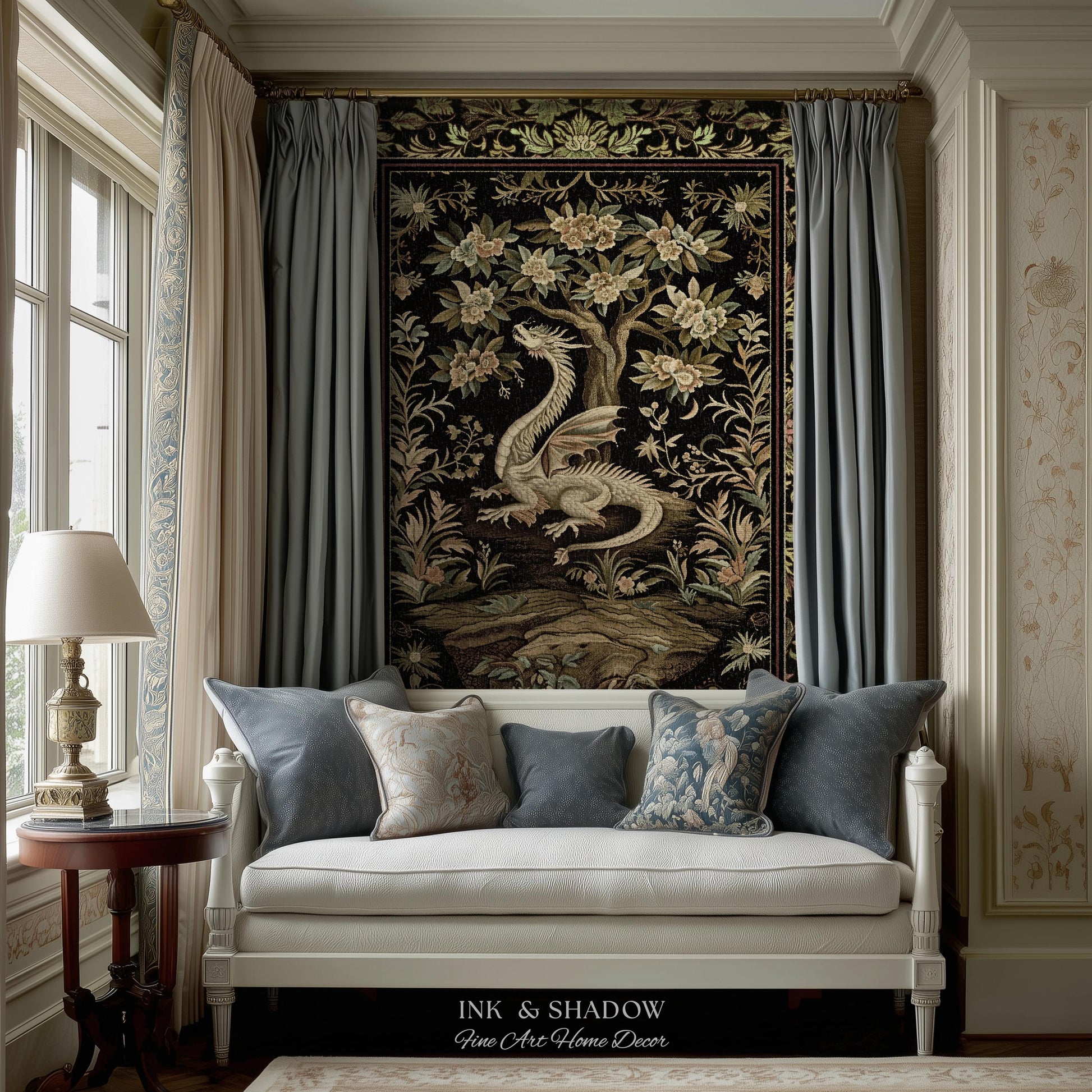 Woodland Gothic White Dragon Blanket Enchanted Forest Tapestry Throw | Mystical Dark Academia Whimsical Fantasy Forestcore Art Deco Decor