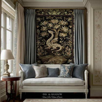 Woodland Gothic White Dragon Blanket Enchanted Forest Tapestry Throw | Mystical Dark Academia Whimsical Fantasy Forestcore Art Deco Decor