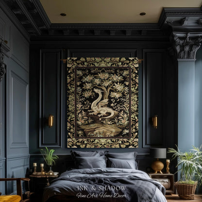 Woodland Gothic White Dragon Blanket Enchanted Forest Tapestry Throw | Mystical Dark Academia Whimsical Fantasy Forestcore Art Deco Decor