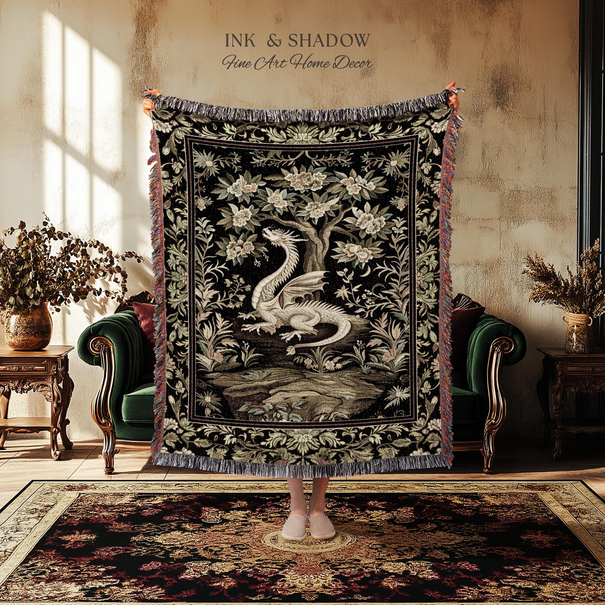 Woodland Gothic White Dragon Blanket Enchanted Forest Tapestry Throw | Mystical Dark Academia Whimsical Fantasy Forestcore Art Deco Decor