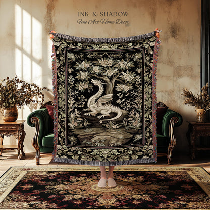 Woodland Gothic White Dragon Blanket Enchanted Forest Tapestry Throw | Mystical Dark Academia Whimsical Fantasy Forestcore Art Deco Decor