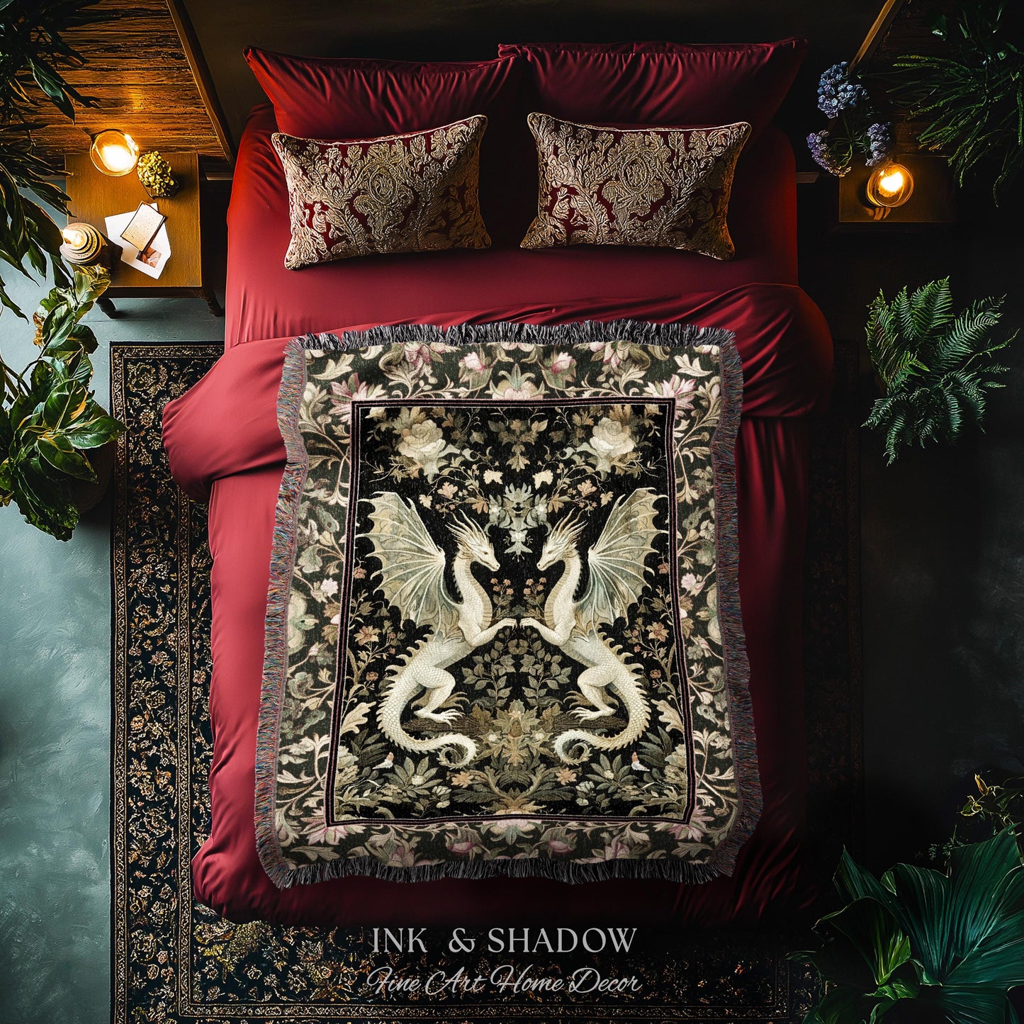 Ornate Antique Gold Folklore Aesthetic Baroque Dragon Tapestry Throw | Enchanting Art Deco Gothic Blanket Maximalist Fantasy Mystic Decor