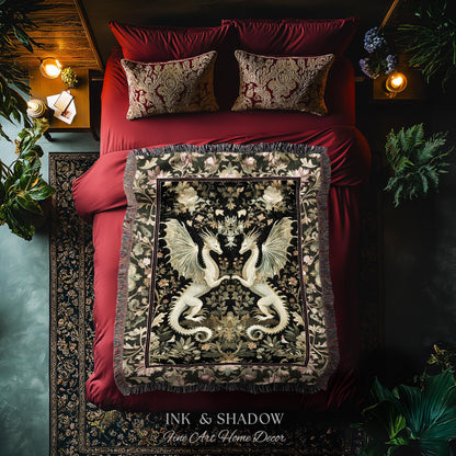 Ornate Antique Gold Folklore Aesthetic Baroque Dragon Tapestry Throw | Enchanting Art Deco Gothic Blanket Maximalist Fantasy Mystic Decor