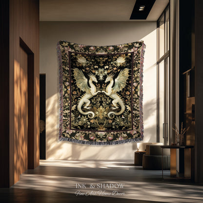 Ornate Antique Gold Folklore Aesthetic Baroque Dragon Tapestry Throw | Enchanting Art Deco Gothic Blanket Maximalist Fantasy Mystic Decor