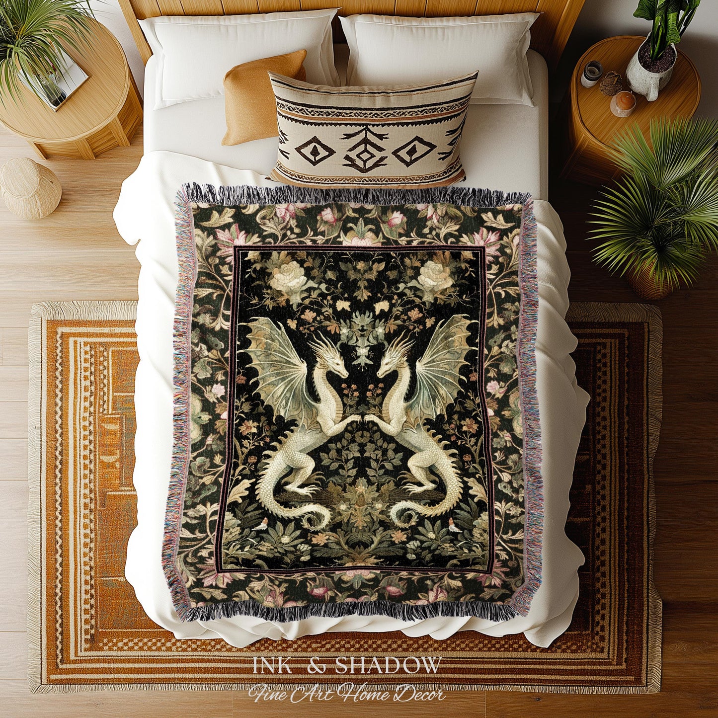 Ornate Antique Gold Folklore Aesthetic Baroque Dragon Tapestry Throw | Enchanting Art Deco Gothic Blanket Maximalist Fantasy Mystic Decor