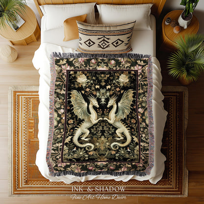 Ornate Antique Gold Folklore Aesthetic Baroque Dragon Tapestry Throw | Enchanting Art Deco Gothic Blanket Maximalist Fantasy Mystic Decor