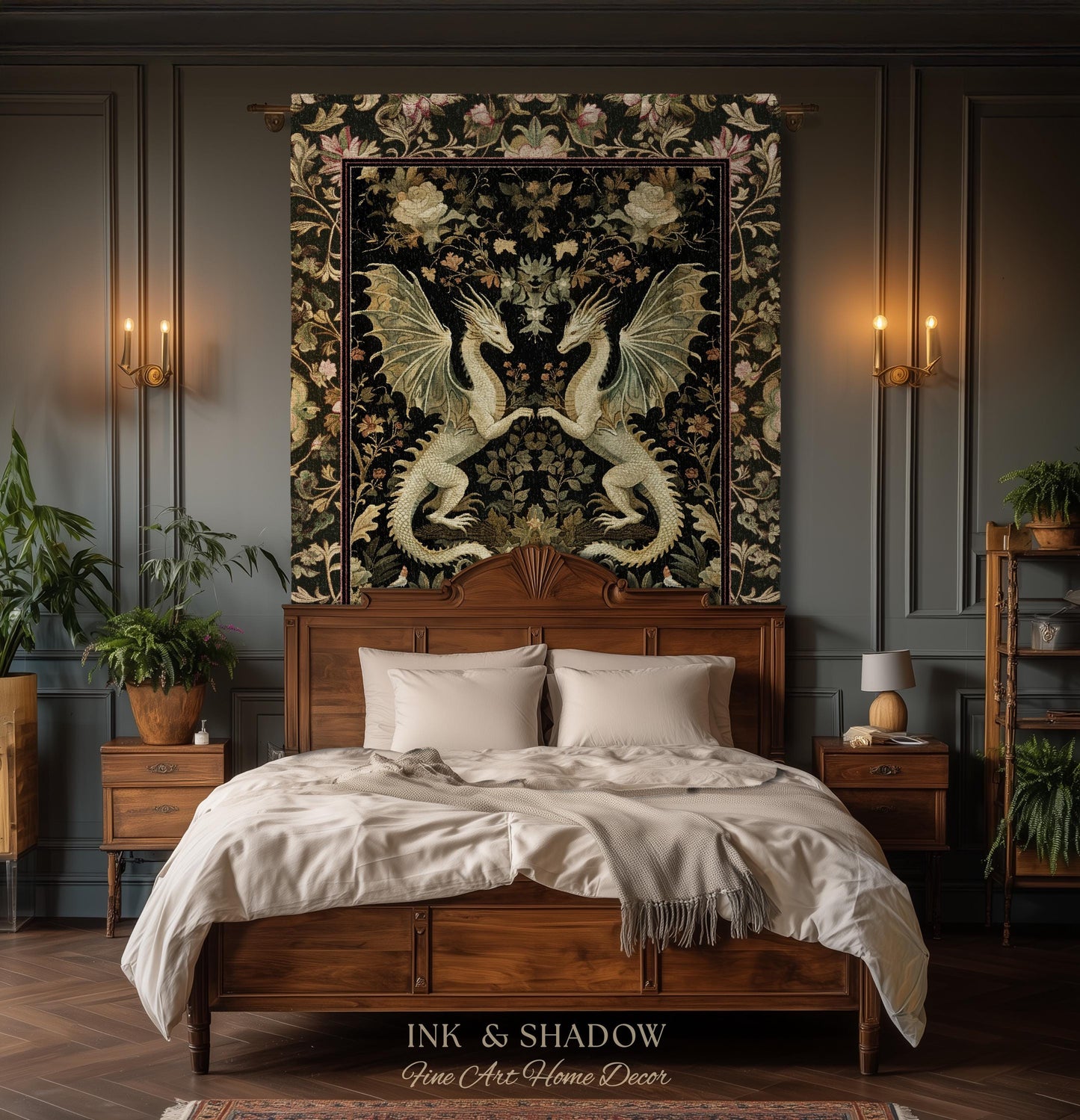 Ornate Antique Gold Folklore Aesthetic Baroque Dragon Tapestry Throw | Enchanting Art Deco Gothic Blanket Maximalist Fantasy Mystic Decor