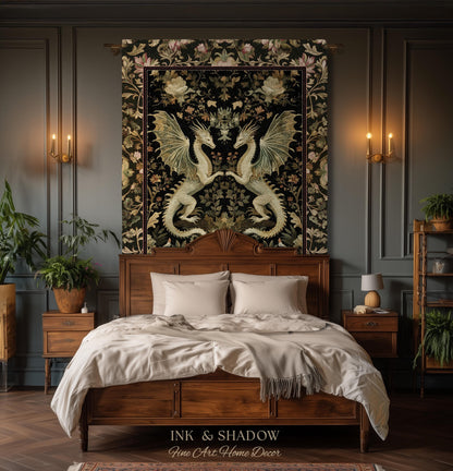 Ornate Antique Gold Folklore Aesthetic Baroque Dragon Tapestry Throw | Enchanting Art Deco Gothic Blanket Maximalist Fantasy Mystic Decor
