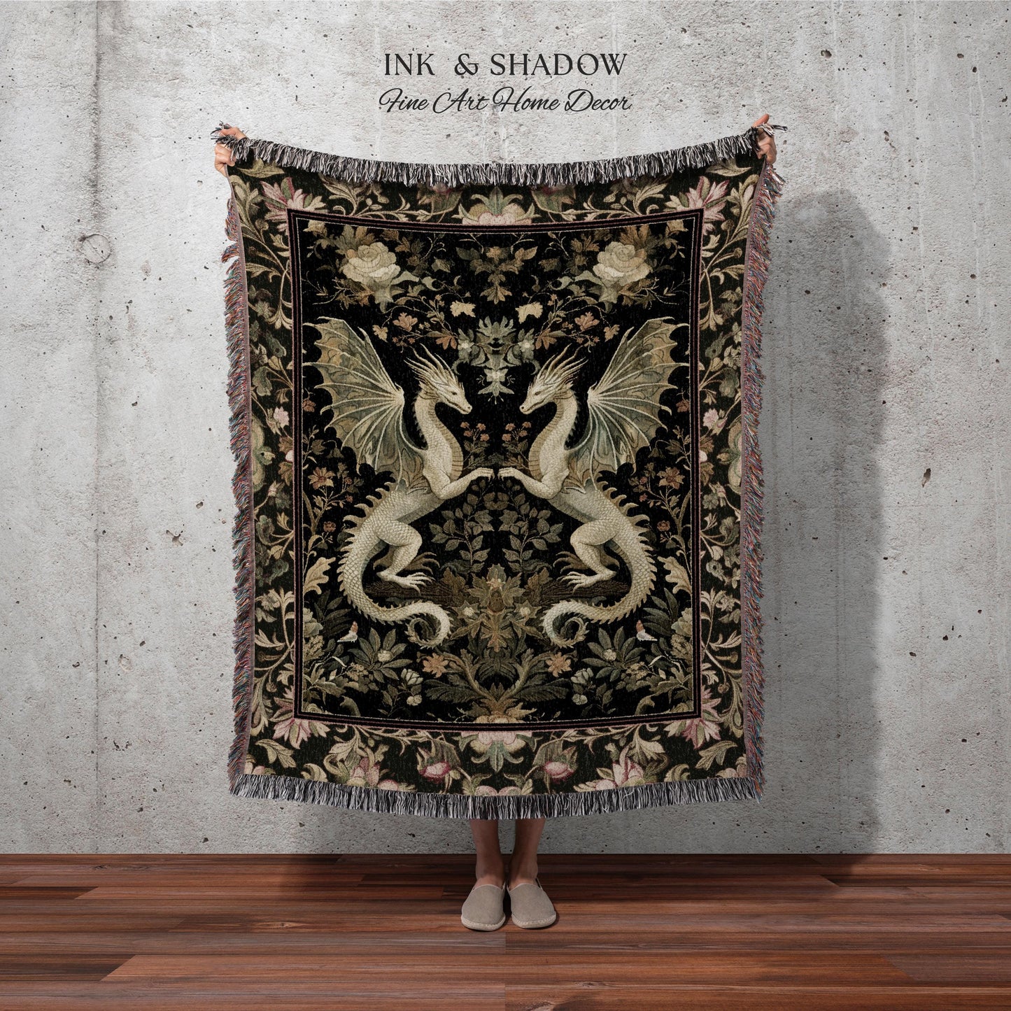 Ornate Antique Gold Folklore Aesthetic Baroque Dragon Tapestry Throw | Enchanting Art Deco Gothic Blanket Maximalist Fantasy Mystic Decor