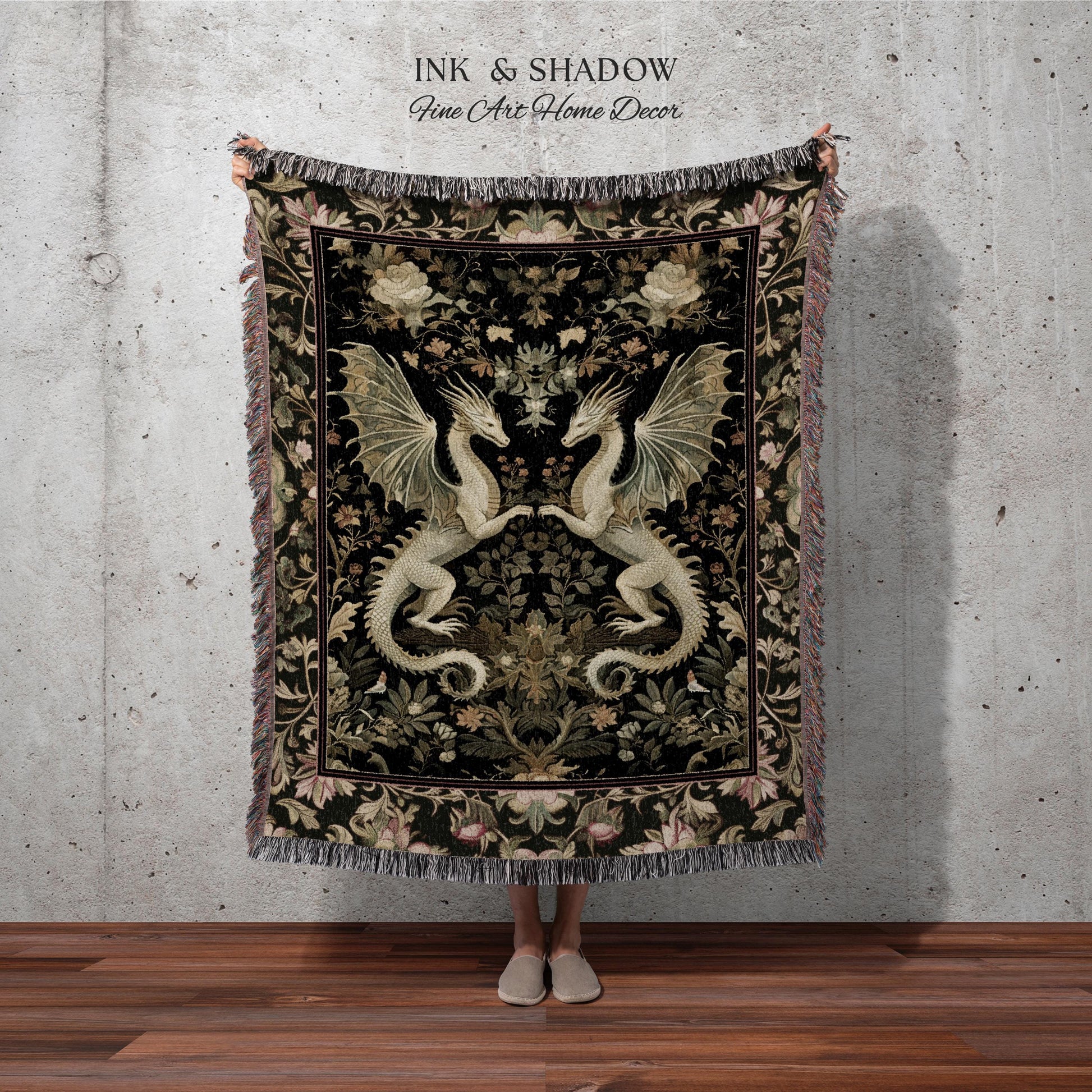 Ornate Antique Gold Folklore Aesthetic Baroque Dragon Tapestry Throw | Enchanting Art Deco Gothic Blanket Maximalist Fantasy Mystic Decor